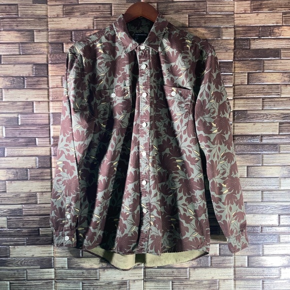 Mens EUC Frank & Oak Large Floral Print Green & Brown Button Down Shirt - Picture 1 of 7